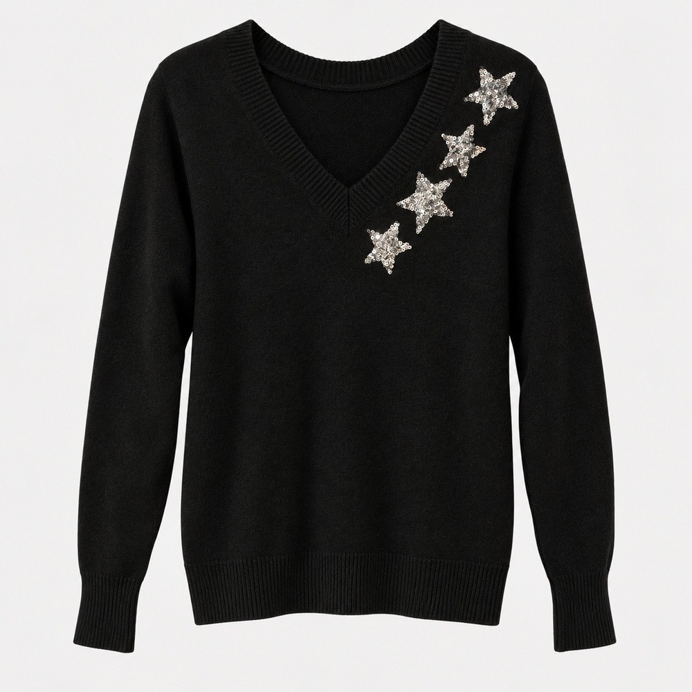 LOFT Sweater Small Black Sequin Star V-Neck Knit Pullover Celestial Sparkle